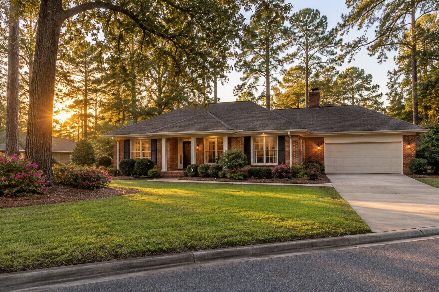 A brick ranch home on a quiet Middle Georgia street at golden hour