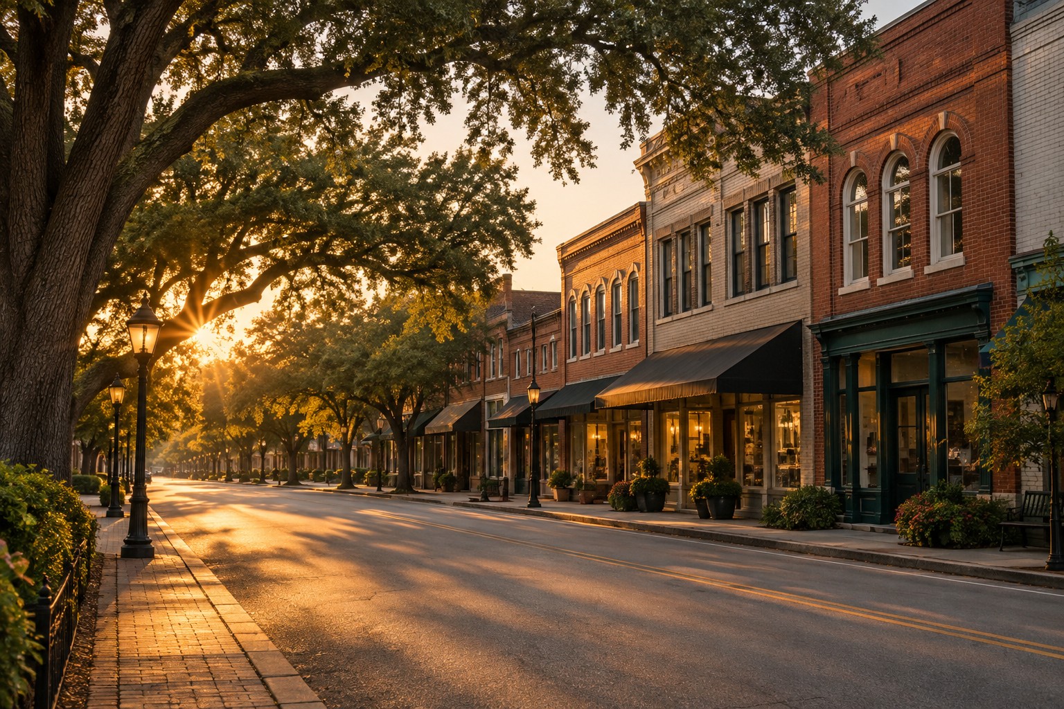 A small town Main Street in Middle Georgia at golden hour